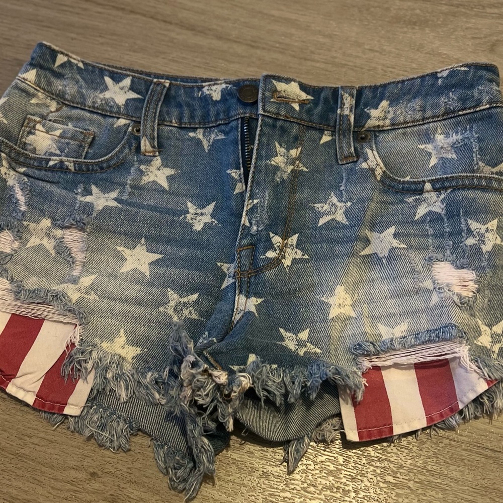 Mossimo Supply Co. Blue and White Jean Shorts Distressed Design